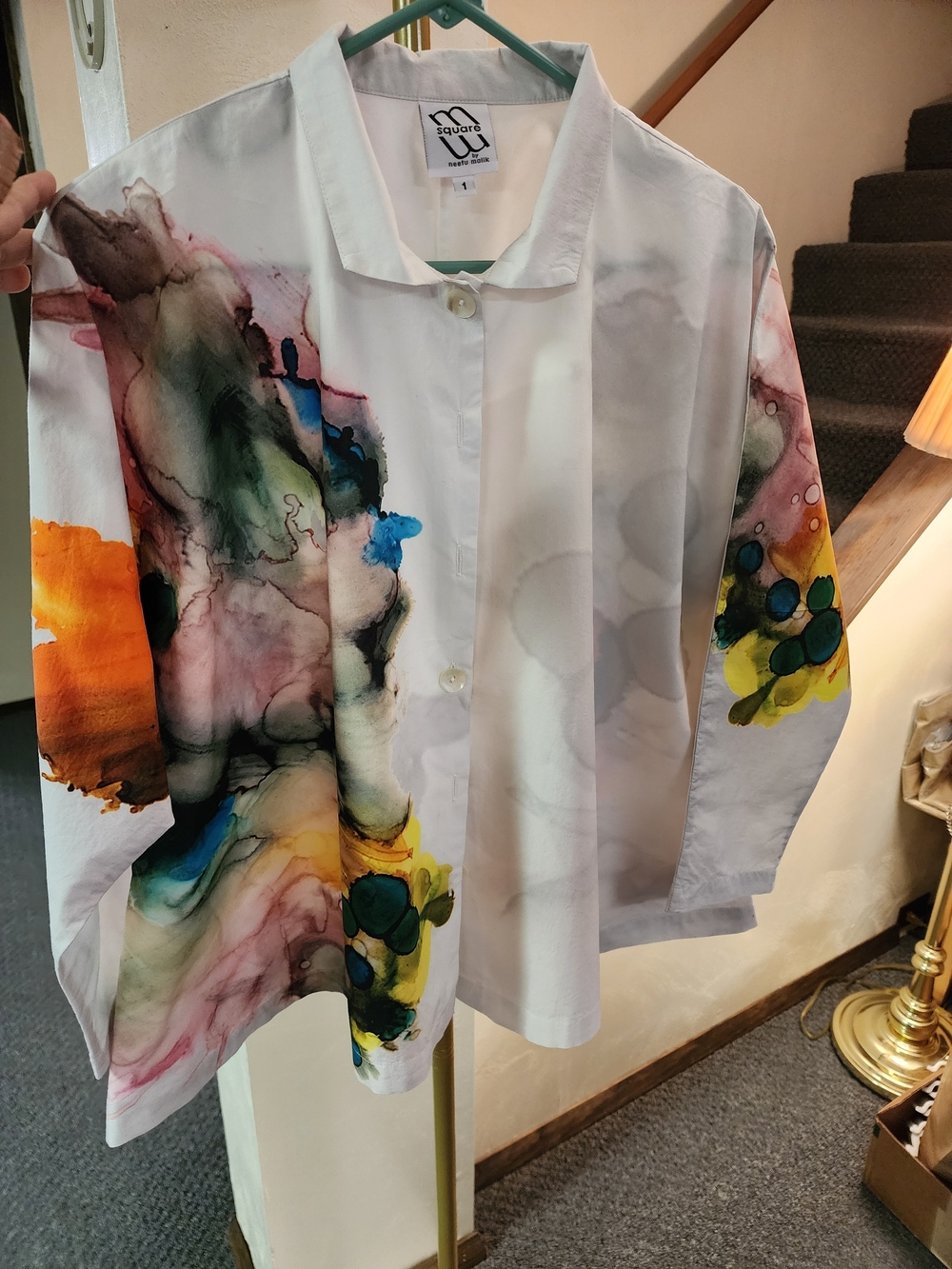 M Square Neetu Malik Abstract Watercolor Print White Button-Front Women's Shirt